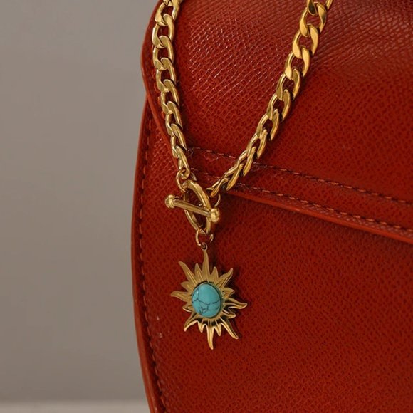 NEW 18K Gold Plated Turquoise Sun Circle Toggle Bar Link Chain Necklace - Picture 7 of 8